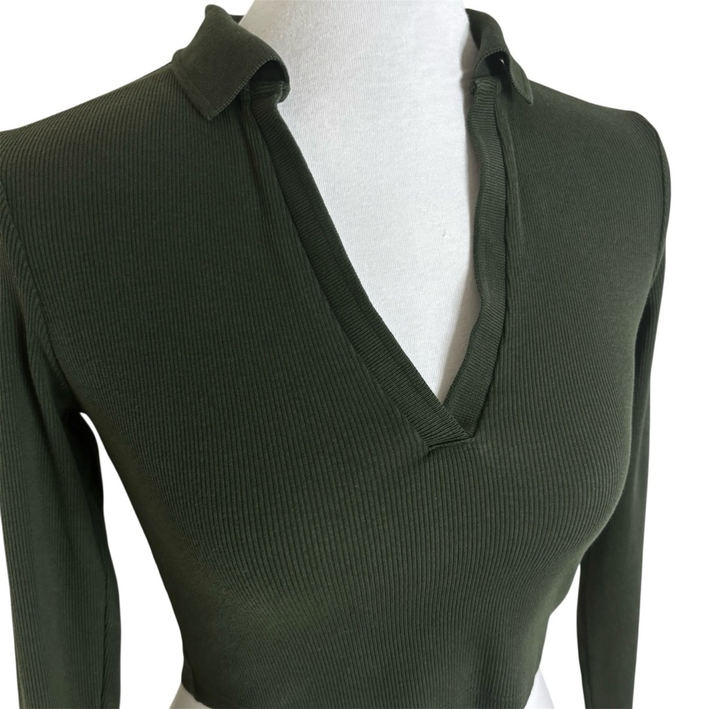 ZARA Long Sleeve Green Ribbed Collared Crop Top – Size M